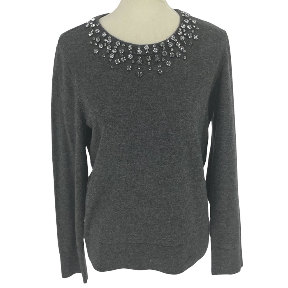 KATE SPADE DO WONDERS CRYSTAL EMBELLISHED RHINESTONE SWEATER WOOL GRAY LARGE EUC